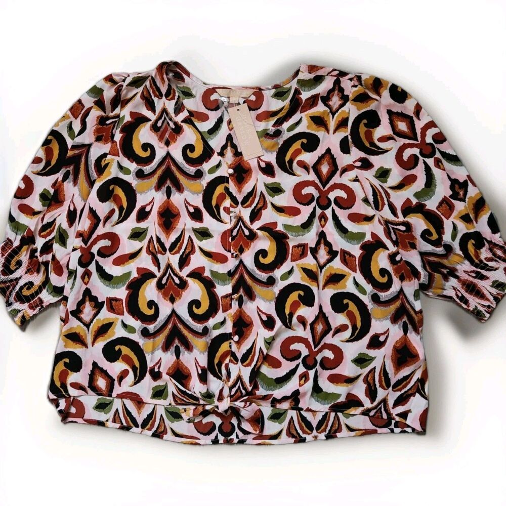 NWT Hope & Harlow Paisley Tie Front V-Neck Lightweight Blouse Plus Sz 2X